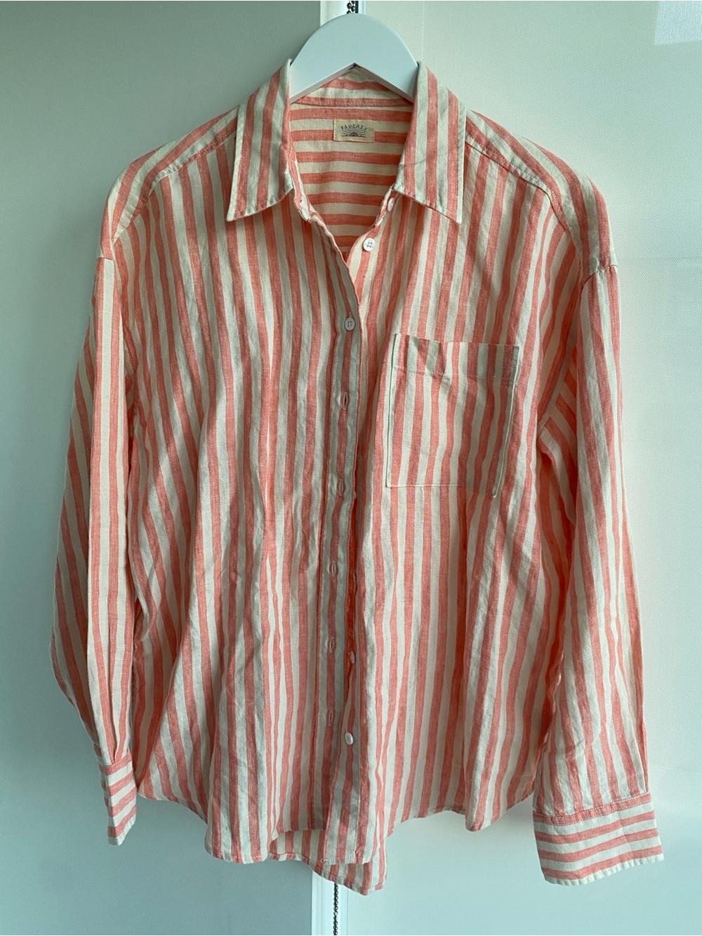 Faherty 100% Linen Coral and White Striped Button-Up Shirt Size Medium